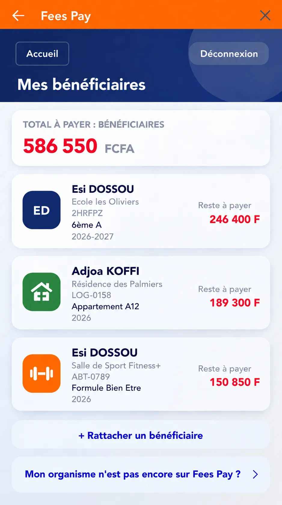 Exemple d’écran « Mes bénéficiaires » : trois organismes de secteurs différents et le total restant à payer.