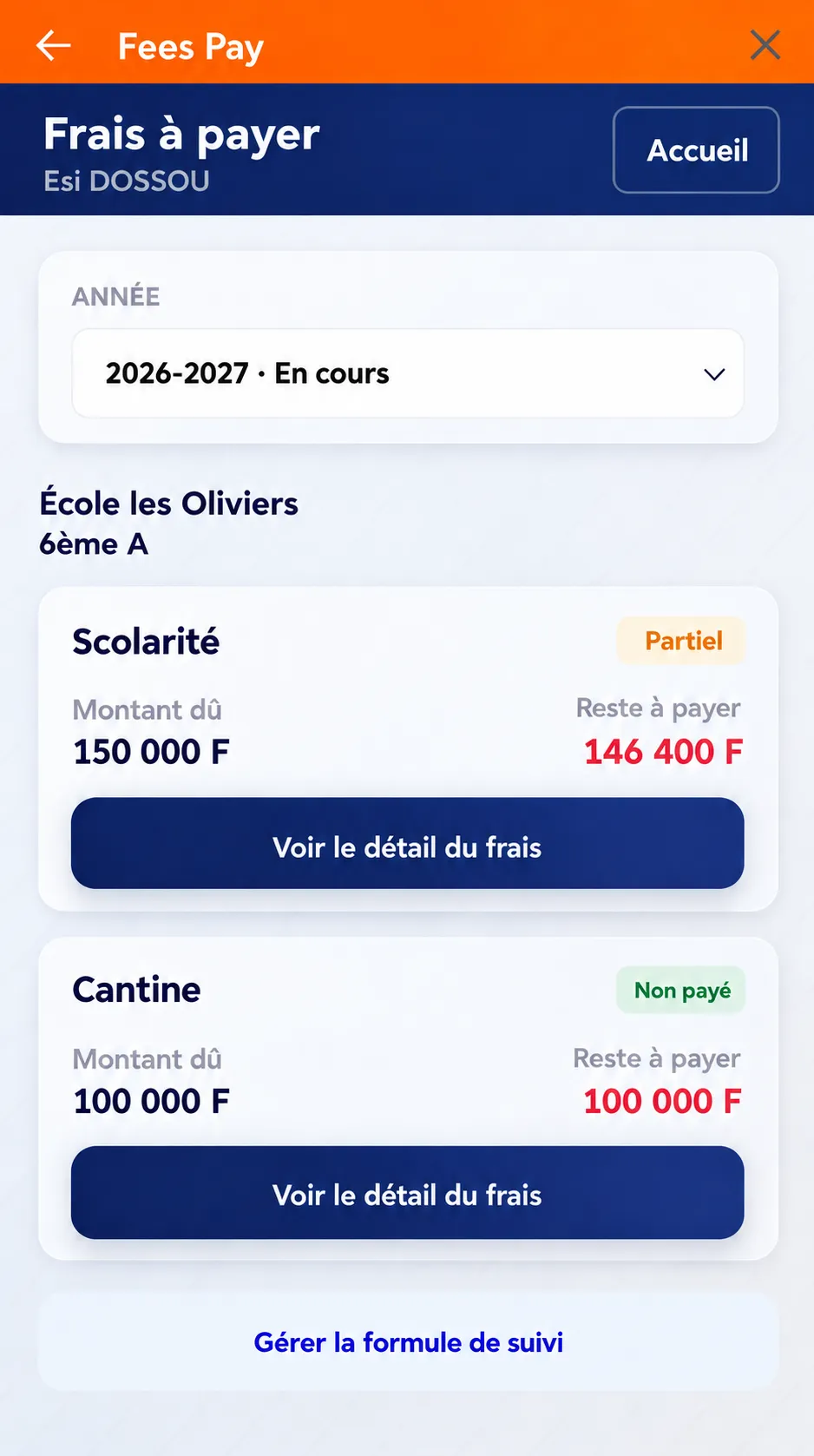 Exemple d’écran « Frais à payer » : scolarité et cantine avec montant dû et reste à payer.