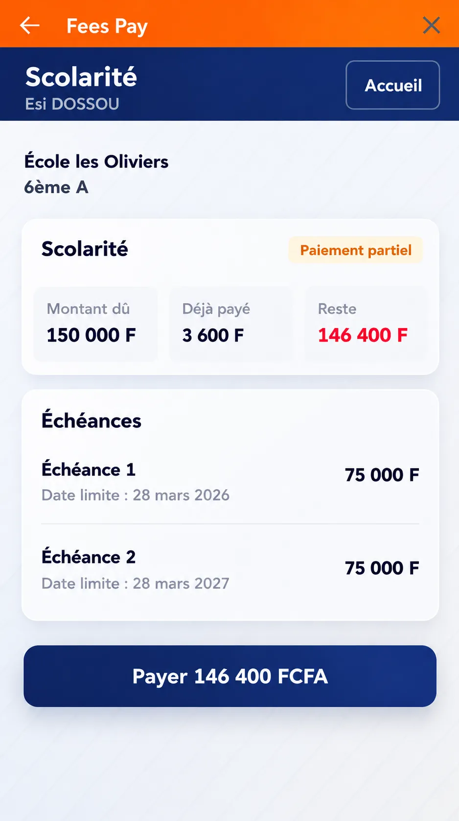 Exemple d’écran payeur : détail d’un frais avec montant dû, déjà payé, reste et échéances.